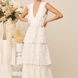 Lulu's White Lace Ruffled Tiered Sleeveless Maxi Dress